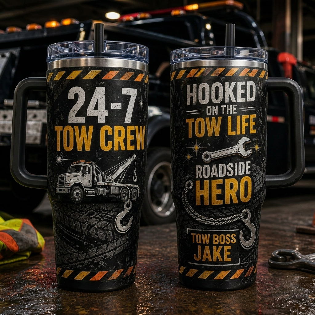 Personalized 40oz Tumbler with Handle - Tow Crew Roadside Hero Custom Name Gift for Tow Truck Drivers