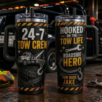 Personalized 40oz Tumbler with Handle - Tow Crew Roadside Hero Custom Name Gift for Tow Truck Drivers