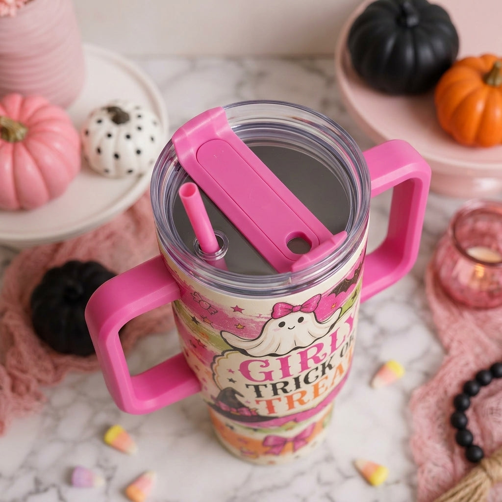 Girly Trick or Treat 40oz Tumbler with Handle - Cute Pink Ghost Halloween Insulated Travel Mug