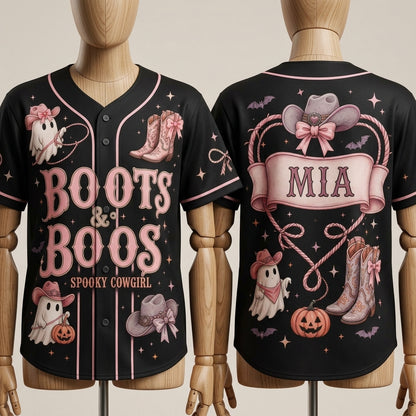 Personalized Boots & Boos Spooky Cowgirl Halloween Baseball Jersey - Custom Name Pink Ghost Western Shirt