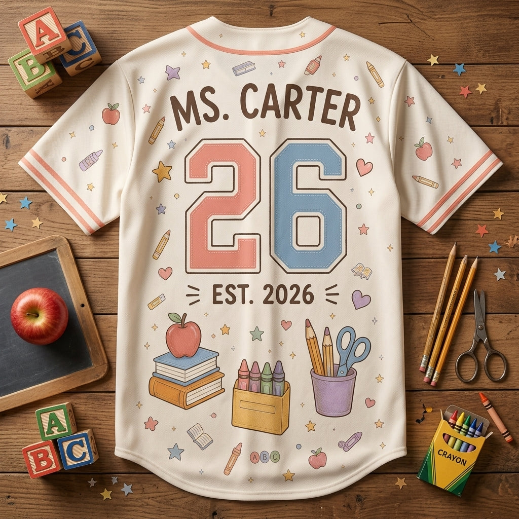 Personalized Kindergarten Teacher Baseball Jersey - Custom Name, Room Number & Year - Pastel School Supplies Shirt