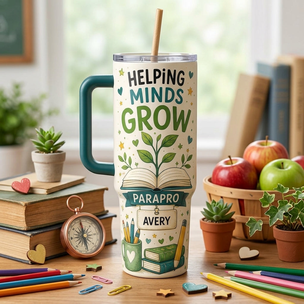 Personalized Parapro Teacher Gift 40oz Tumbler with Handle - Helping Minds Grow Custom Name Education Assistant Cup