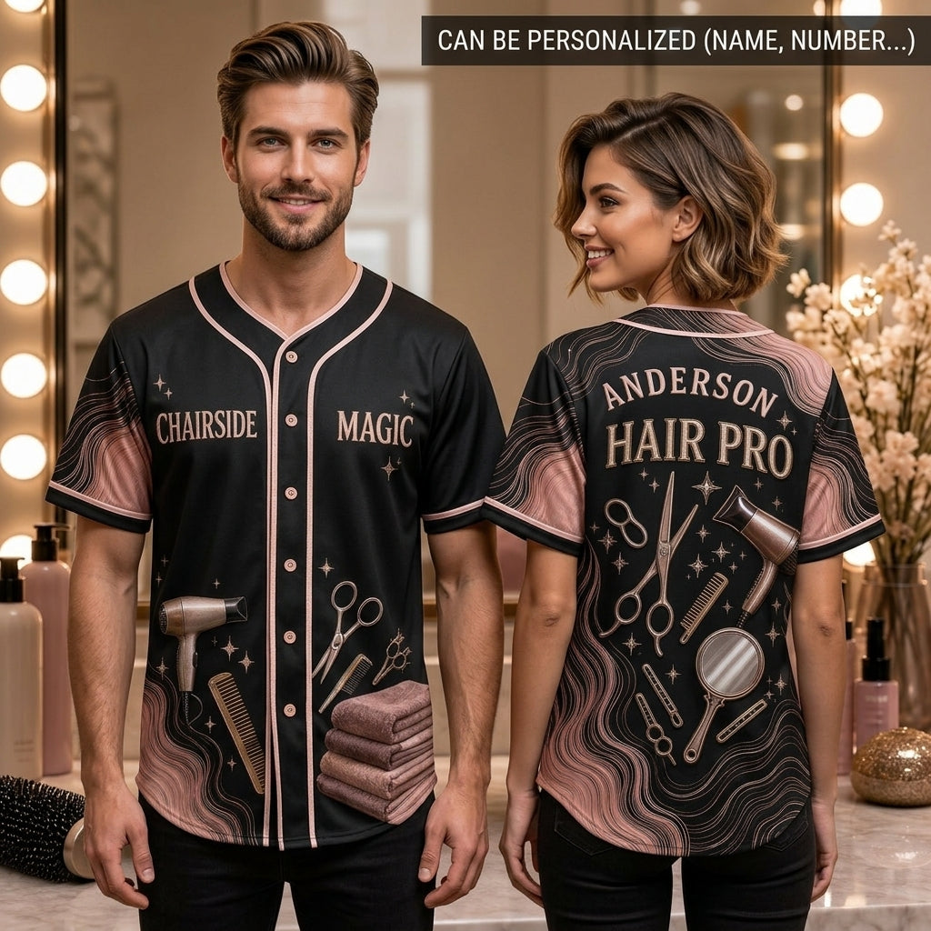 Personalized Hair Stylist Baseball Jersey - Custom Salon Name & Rose Gold Barber Tools Apparel - baseball jersey product view 2