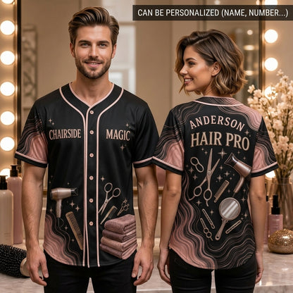 Personalized Hair Stylist Baseball Jersey - Custom Salon Name & Rose Gold Barber Tools Apparel - baseball jersey product view 2