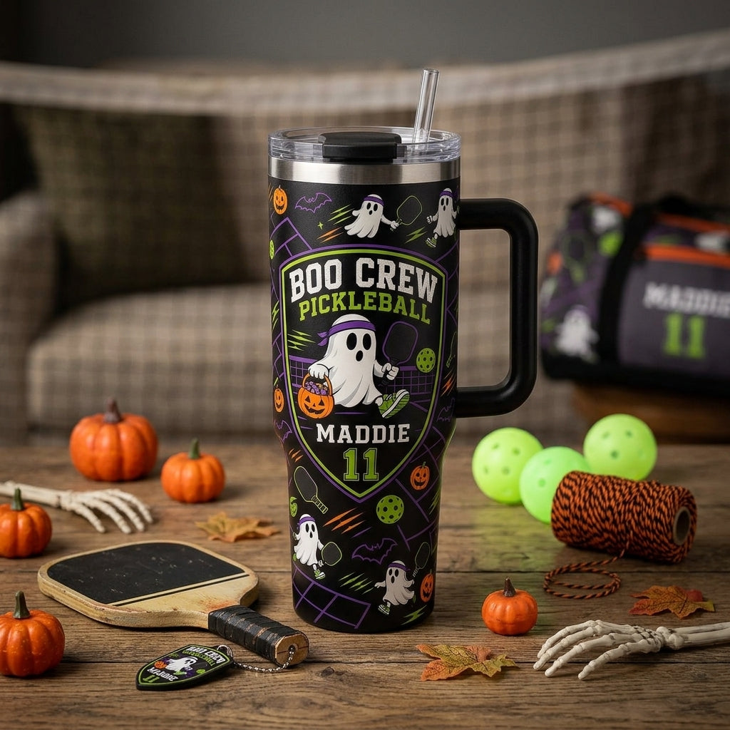 Personalized Boo Crew Pickleball Halloween Ghost 40oz Tumbler with Handle - Custom Name & Number Gift