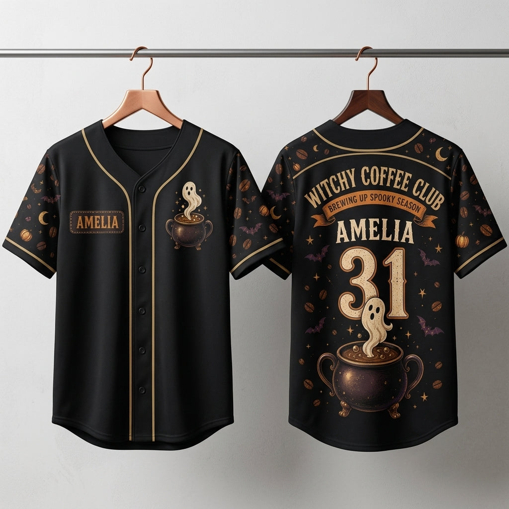 Personalized Witchy Coffee Club Baseball Jersey - Custom Name and Number Spooky Season Gift