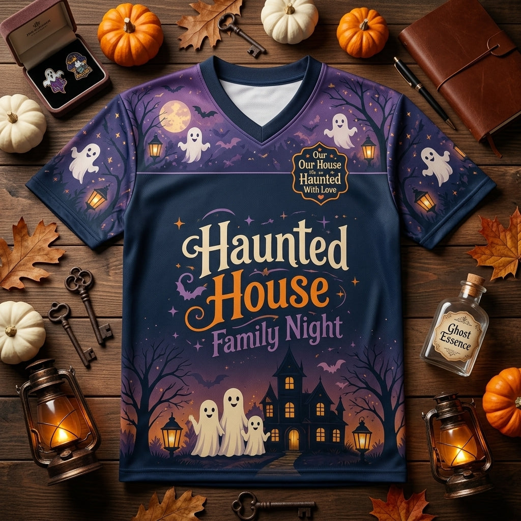Personalized Haunted House Family Night Football Jersey - Custom Family Name and Number Halloween Mesh Shirt