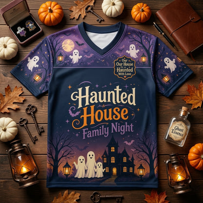 Personalized Haunted House Family Night Football Jersey - Custom Family Name and Number Halloween Mesh Shirt
