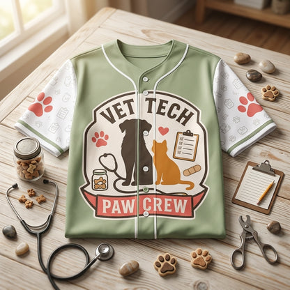 Personalized Vet Tech Paw Crew Baseball Jersey - Animal Care Team Powered by Paws & Patience
