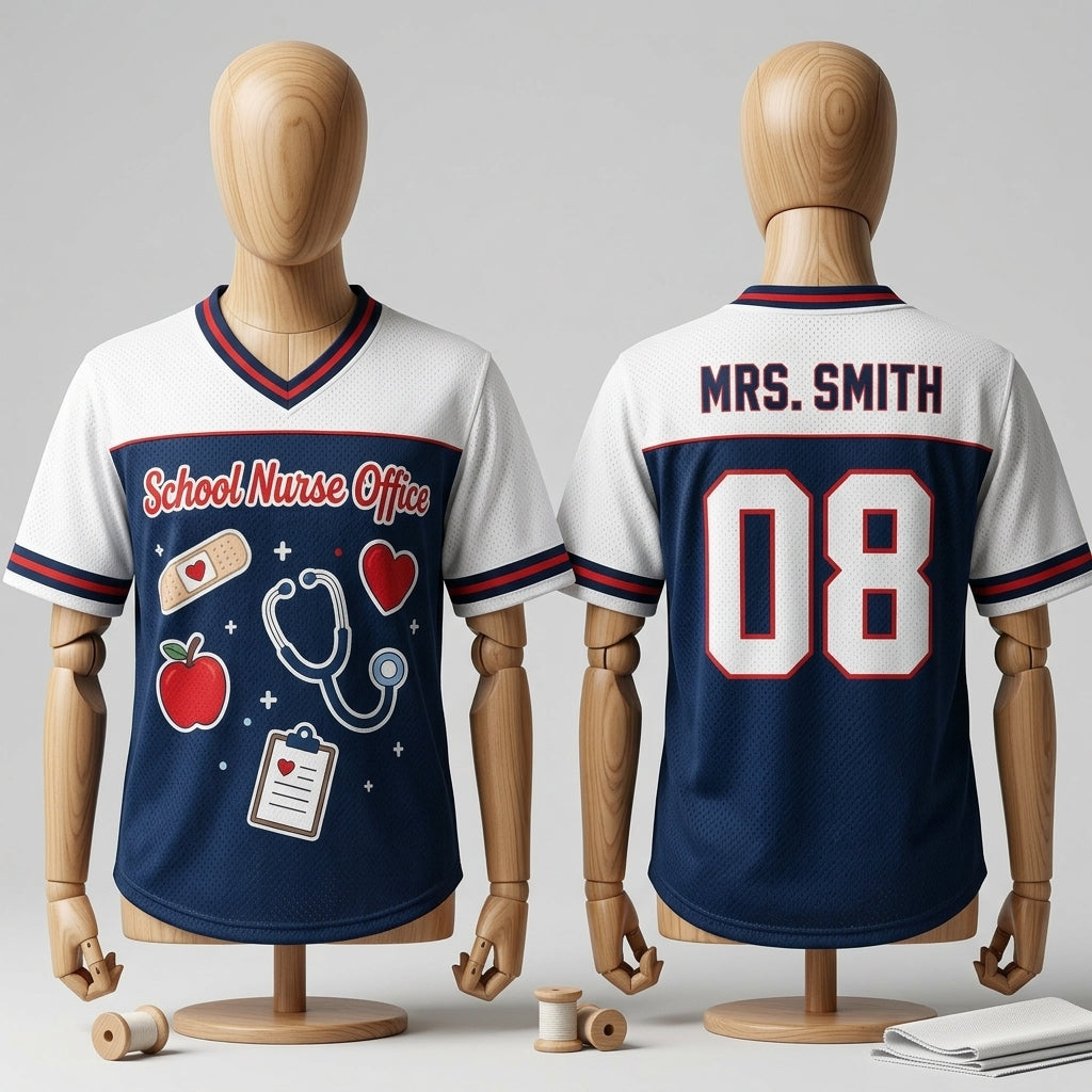 Personalized School Nurse Office Football Jersey - Custom Name & Number Hybrid Mesh Shirt