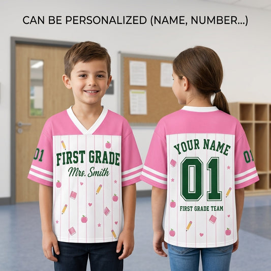 Personalized First Grade Teacher Football Jersey - Custom Name & Number Pink Sporty Mesh Shirt