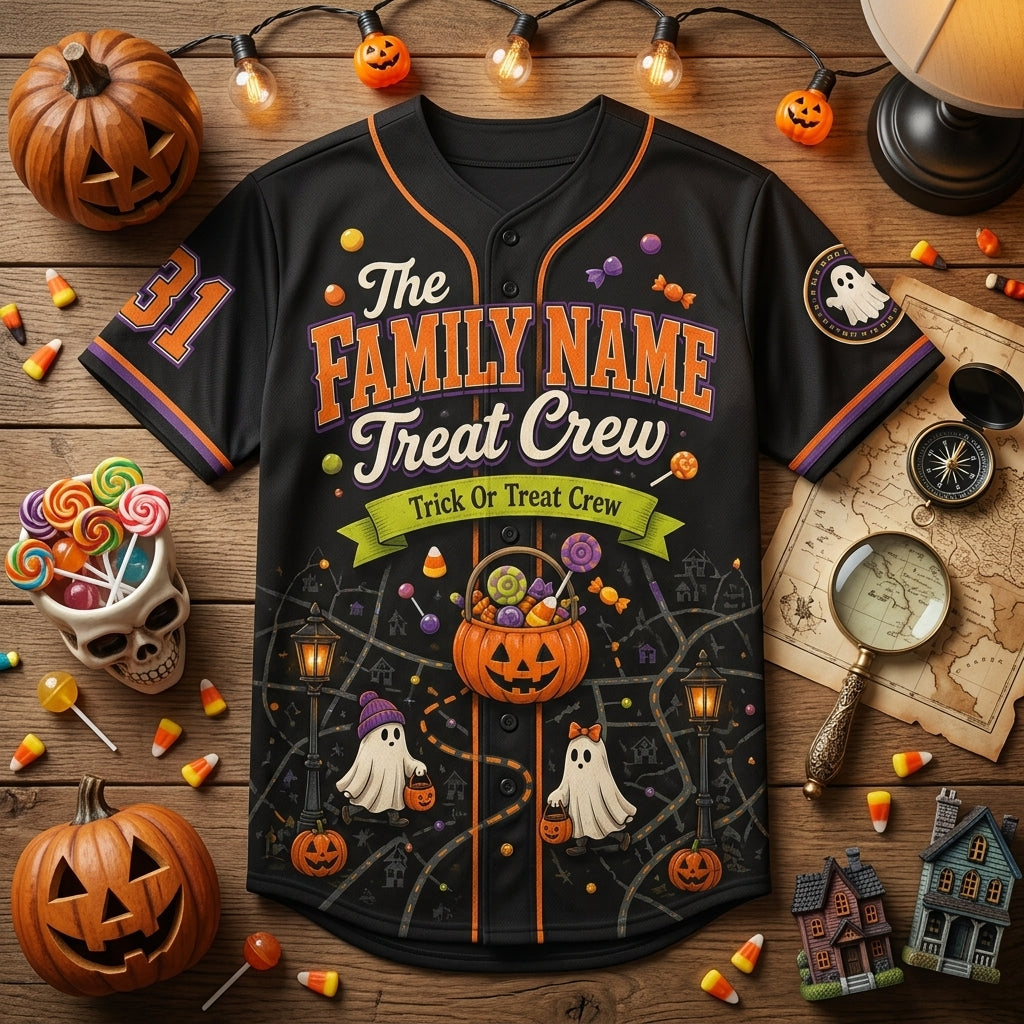 Personalized Halloween Baseball Jersey - Custom Family Name Treat Crew Ghost & Pumpkin Candy Patrol Jersey