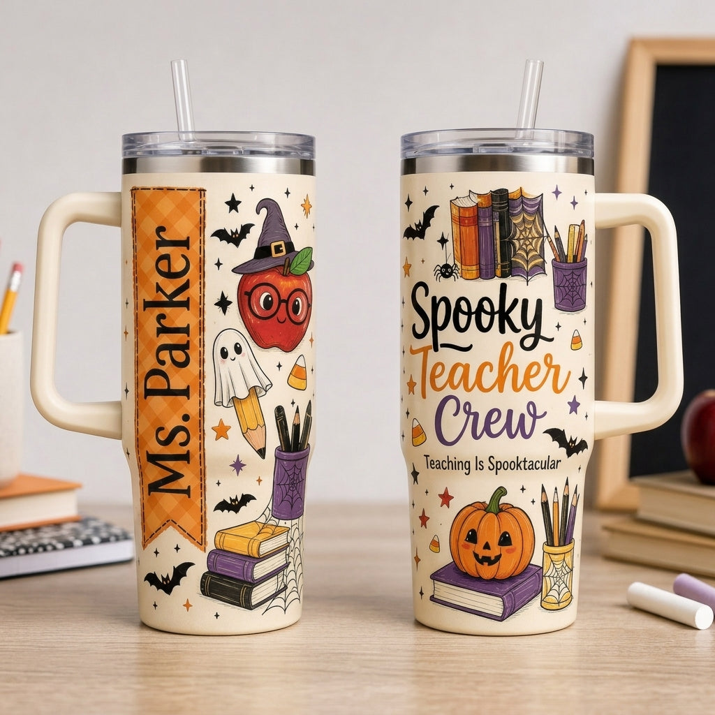 Personalized Spooky Teacher Crew 40oz Tumbler with Handle - Custom Name Halloween Teacher Gift