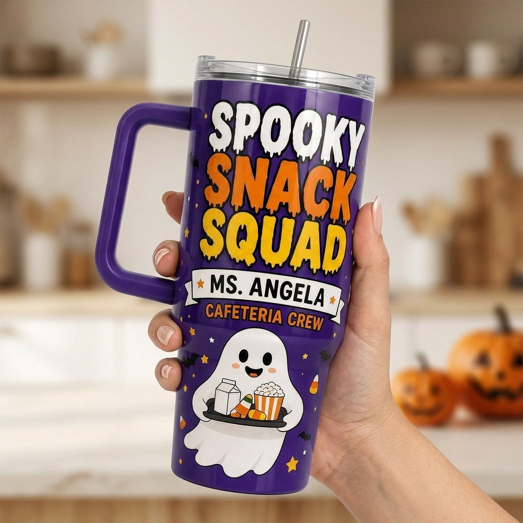 Personalized Spooky Snack Squad 40oz Tumbler with Handle - Custom Name Cafeteria Crew Halloween Cup