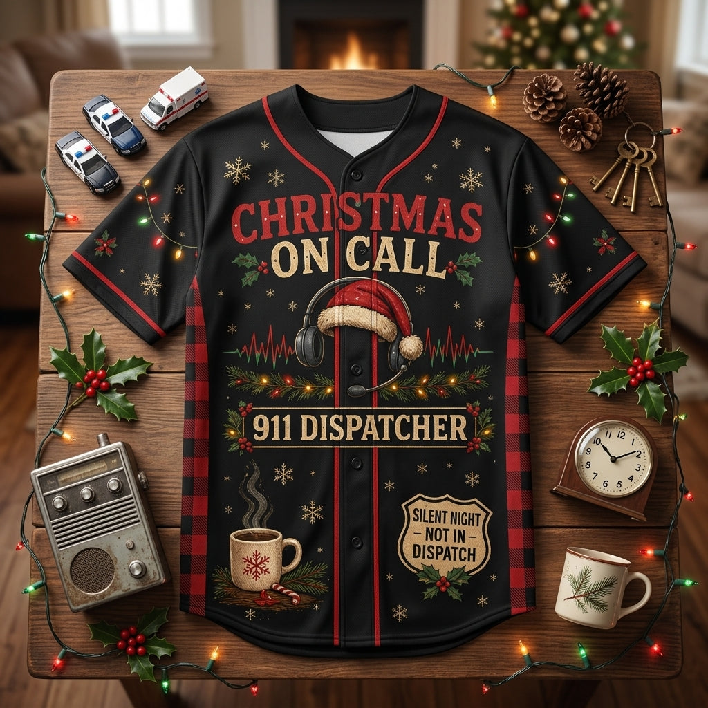 Personalized 911 Dispatcher Christmas On Call Baseball Jersey - Custom Name Holiday Shift Gift