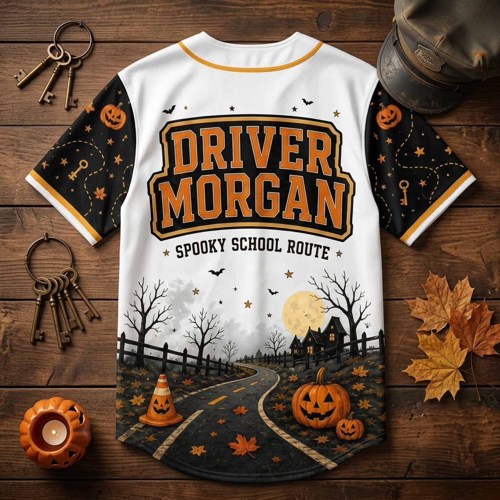 Personalized Haunted Route School Bus Driver Halloween Baseball Jersey - Custom Name Spooky Driver Gift