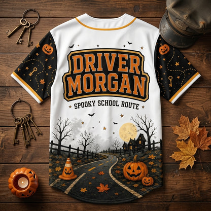 Personalized Haunted Route School Bus Driver Halloween Baseball Jersey - Custom Name Spooky Driver Gift
