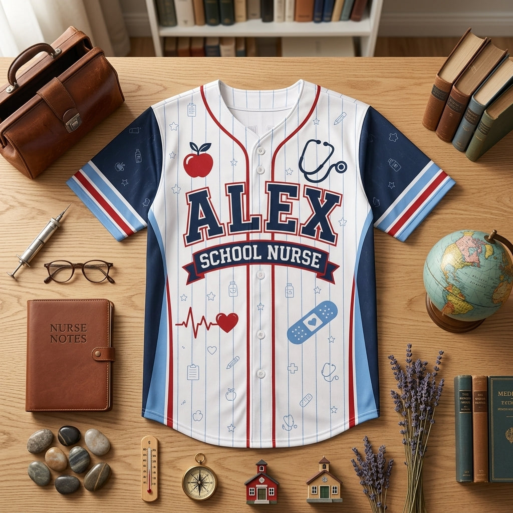 Personalized School Nurse Baseball Jersey - Custom Name & Number Athletic Jersey for Healthcare Heroes