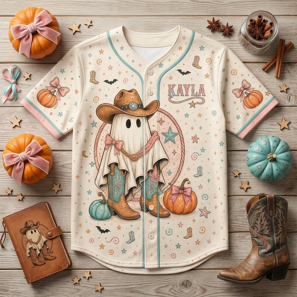 Personalized Spooky Cowgirl Baseball Jersey - Custom Name & Number Halloween Ghost Apparel for Women