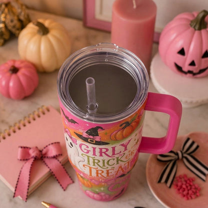 Girly Trick or Treat Halloween 40oz Tumbler with Handle, Pink Coquette Ghost & Pumpkin Water Bottle