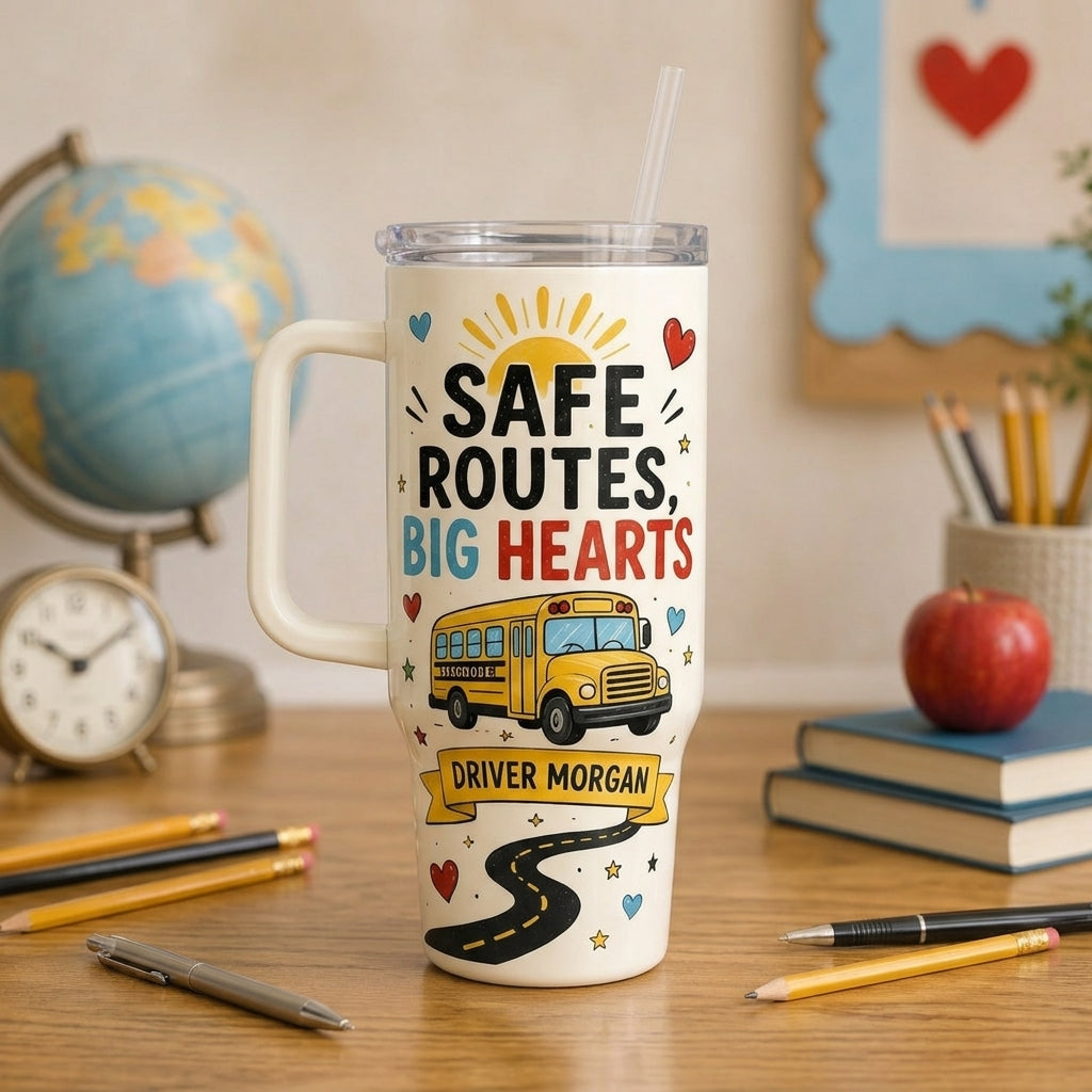 Personalized School Bus Driver 40oz Tumbler with Handle - Custom Name Appreciation Gift