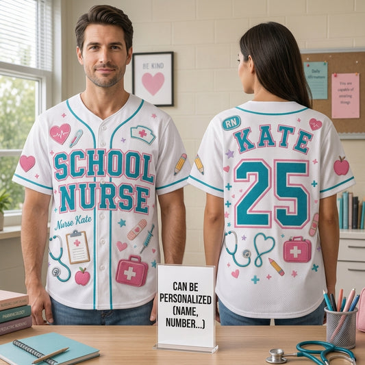 Personalized School Nurse Baseball Jersey - Custom Name and Number RN Medical Team Shirt - White Athletic Jersey