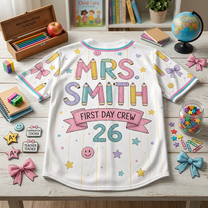 Personalized Kindergarten Teacher Baseball Jersey - Custom Name Mrs Smith First Day Crew Back to School Outfit