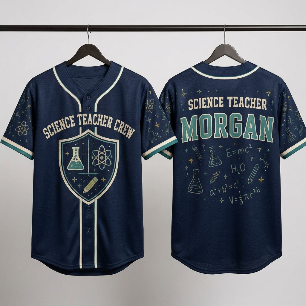 Personalized Science Teacher Crew Baseball Jersey - Custom Name STEM Educator Apparel