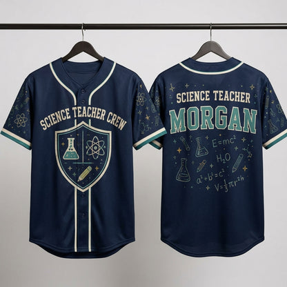 Personalized Science Teacher Crew Baseball Jersey - Custom Name STEM Educator Apparel