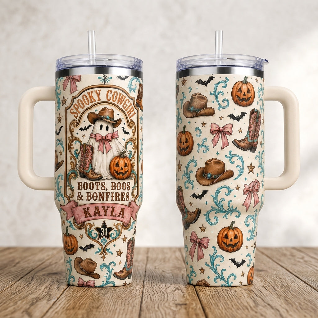 Personalized Spooky Cowgirl 40oz Tumbler with Handle, Custom Name Boots Boos & Bonfires Halloween Travel Mug