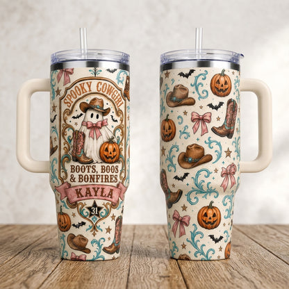 Personalized Spooky Cowgirl 40oz Tumbler with Handle, Custom Name Boots Boos & Bonfires Halloween Travel Mug