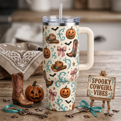 Personalized Spooky Cowgirl 40oz Tumbler with Handle, Custom Name Boots Boos & Bonfires Halloween Travel Mug