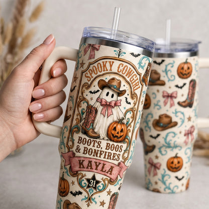 Personalized Spooky Cowgirl 40oz Tumbler with Handle, Custom Name Boots Boos & Bonfires Halloween Travel Mug