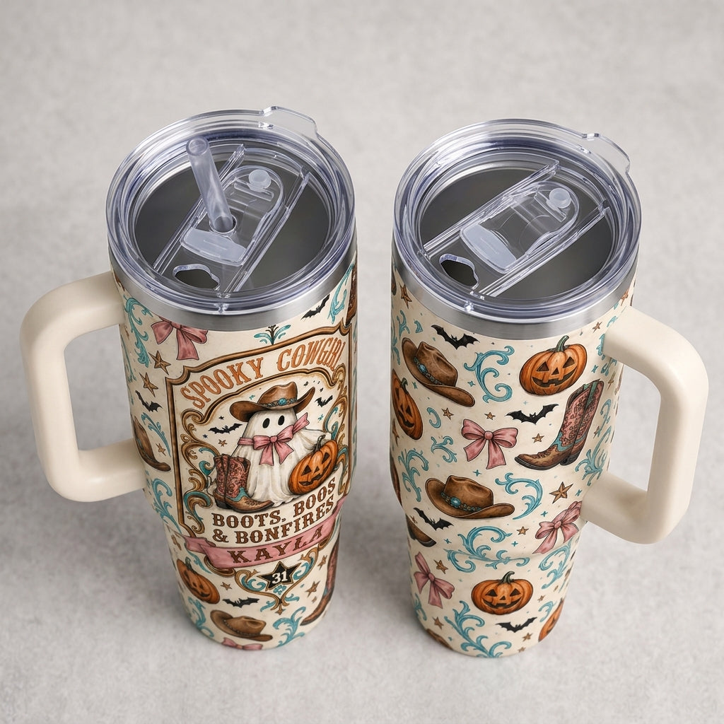 Personalized Spooky Cowgirl 40oz Tumbler with Handle, Custom Name Boots Boos & Bonfires Halloween Travel Mug