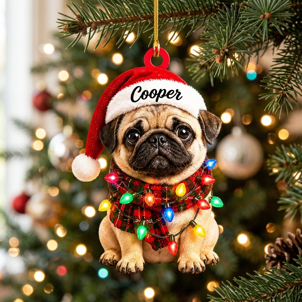 Personalized Pug with Christmas Lights Wood & Acrylic Ornament – Holiday Gift for Dog Lovers - mockup 1