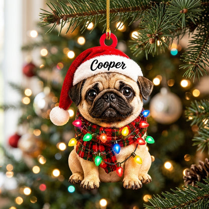 Personalized Pug with Christmas Lights Wood & Acrylic Ornament – Holiday Gift for Dog Lovers - mockup 1