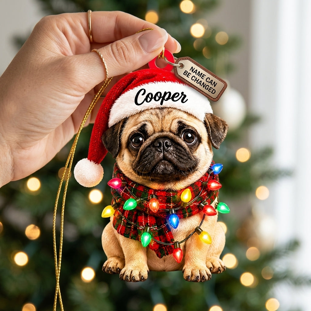 Personalized Pug with Christmas Lights Wood & Acrylic Ornament – Holiday Gift for Dog Lovers - mockup 2