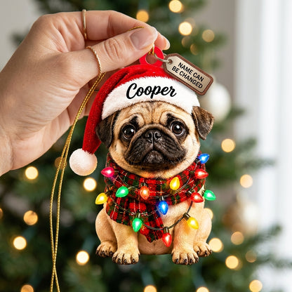 Personalized Pug with Christmas Lights Wood & Acrylic Ornament – Holiday Gift for Dog Lovers - mockup 2