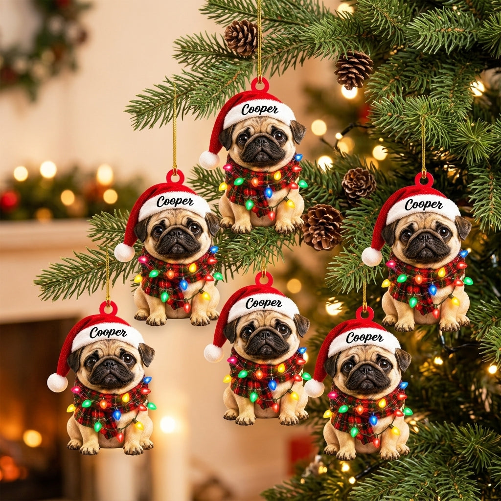 Personalized Pug with Christmas Lights Wood & Acrylic Ornament – Holiday Gift for Dog Lovers - mockup 3