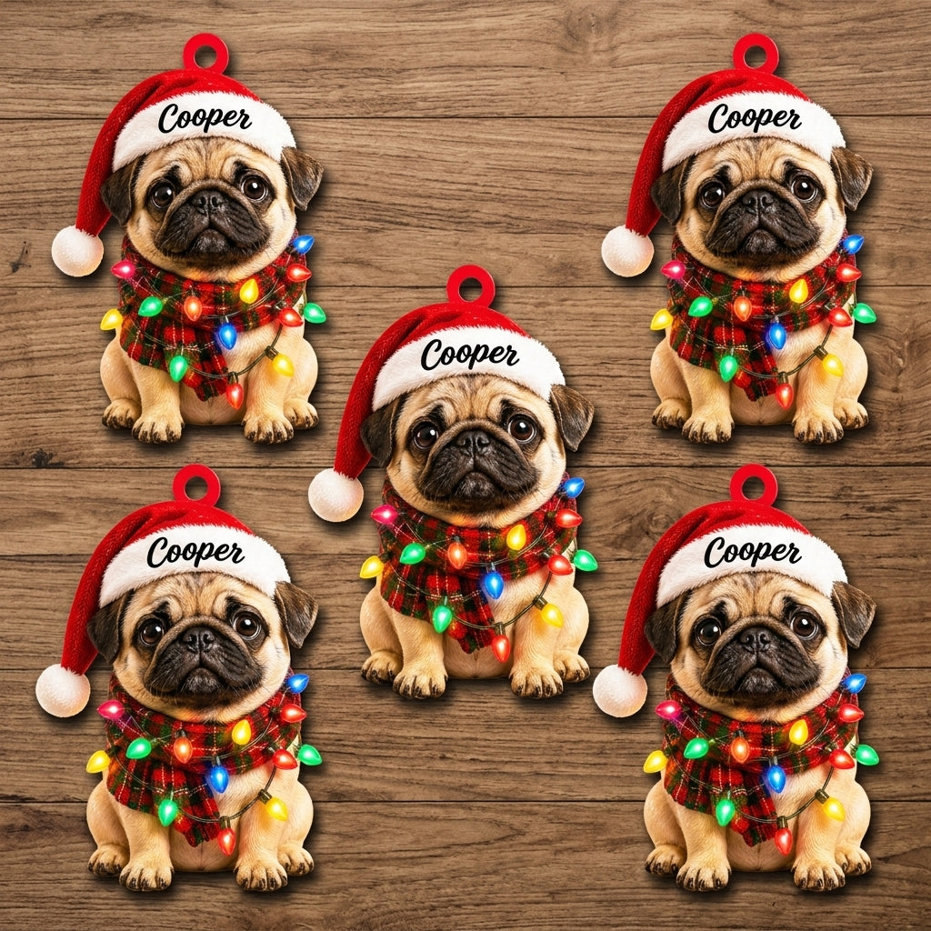 Personalized Pug with Christmas Lights Wood & Acrylic Ornament – Holiday Gift for Dog Lovers - mockup 4