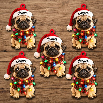 Personalized Pug with Christmas Lights Wood & Acrylic Ornament – Holiday Gift for Dog Lovers - mockup 4