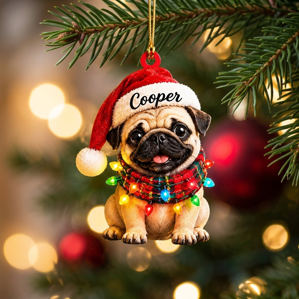 Personalized Pug Puppy with Christmas Lights Wood & Acrylic Ornament – Pet Lover Gift - mockup 1