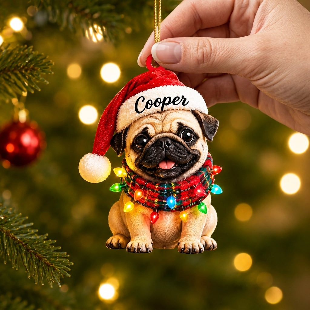 Personalized Pug Puppy with Christmas Lights Wood & Acrylic Ornament – Pet Lover Gift - mockup 2
