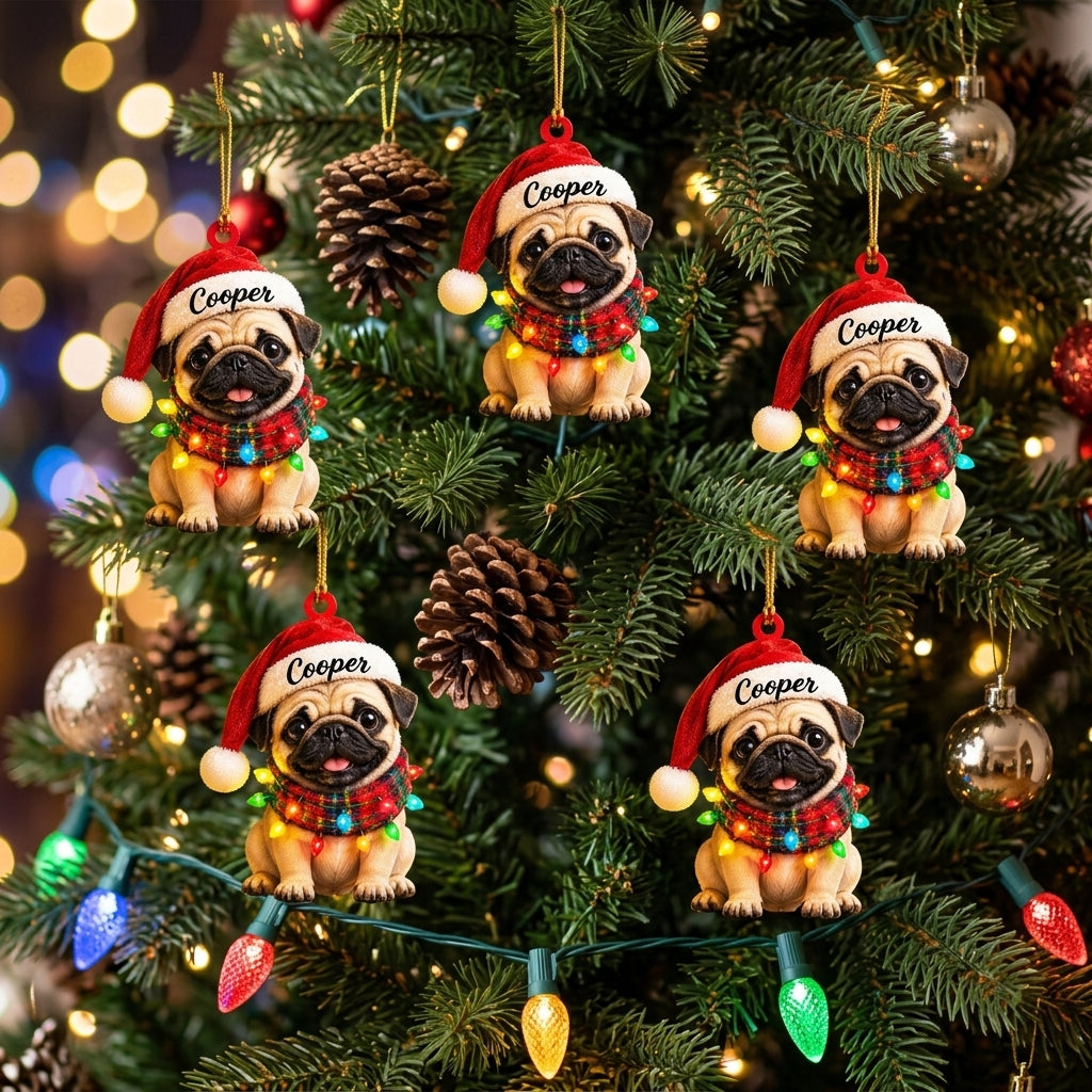 Personalized Pug Puppy with Christmas Lights Wood & Acrylic Ornament – Pet Lover Gift - mockup 3