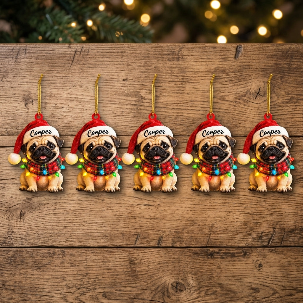 Personalized Pug Puppy with Christmas Lights Wood & Acrylic Ornament – Pet Lover Gift - mockup 4