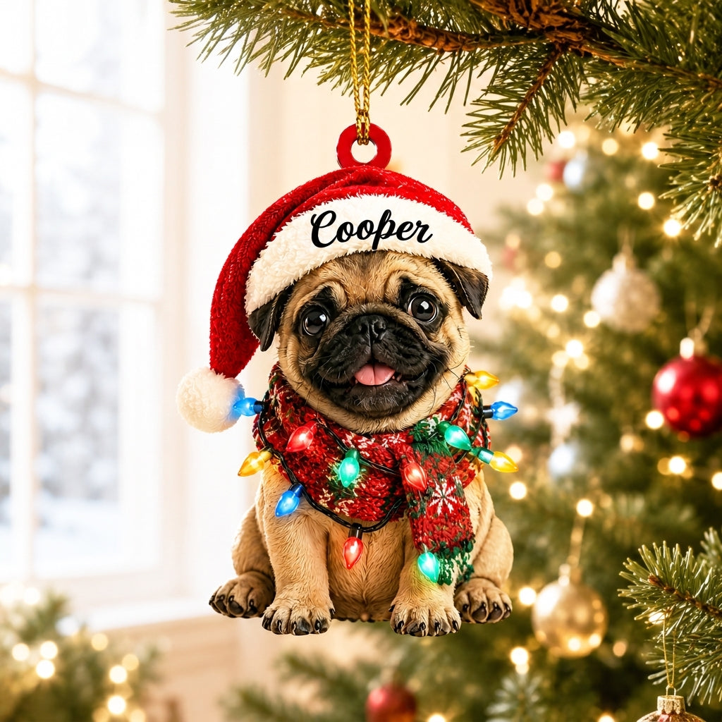 Personalized Pug Dog in Santa Hat Wood & Acrylic Ornament – Custom Pet Lover Christmas Gift - mockup 1