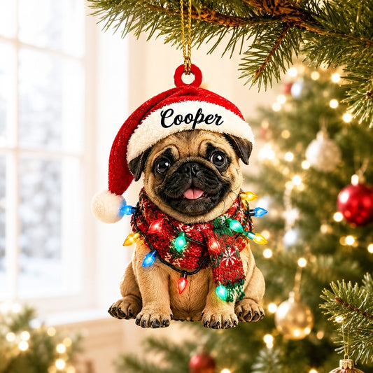 Personalized Pug Dog in Santa Hat Wood & Acrylic Ornament – Custom Pet Lover Christmas Gift - mockup 1