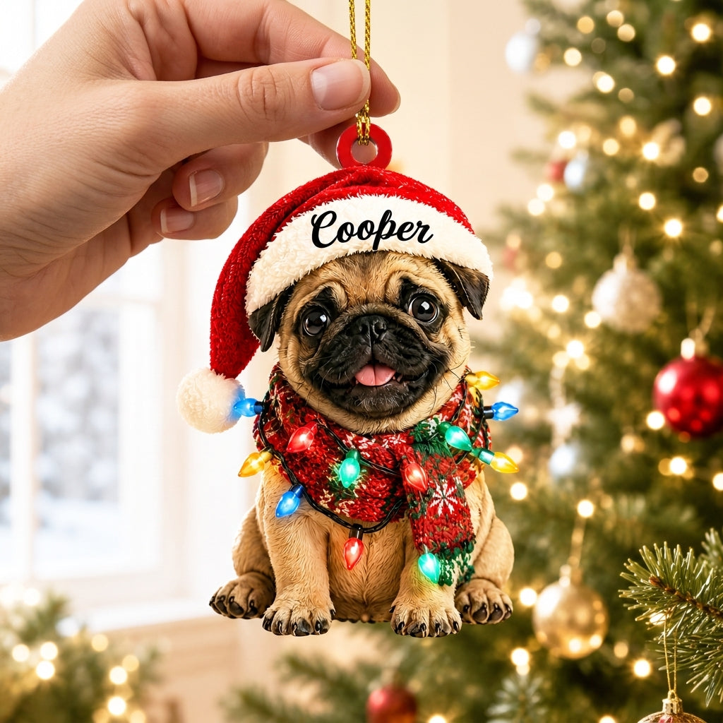 Personalized Pug Dog in Santa Hat Wood & Acrylic Ornament – Custom Pet Lover Christmas Gift - mockup 2