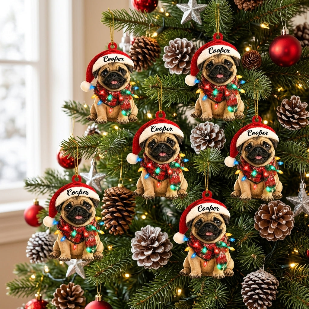 Personalized Pug Dog in Santa Hat Wood & Acrylic Ornament – Custom Pet Lover Christmas Gift - mockup 3
