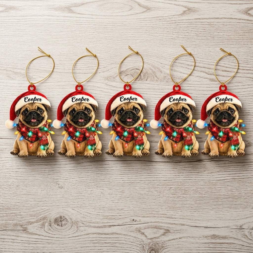 Personalized Pug Dog in Santa Hat Wood & Acrylic Ornament – Custom Pet Lover Christmas Gift - mockup 4